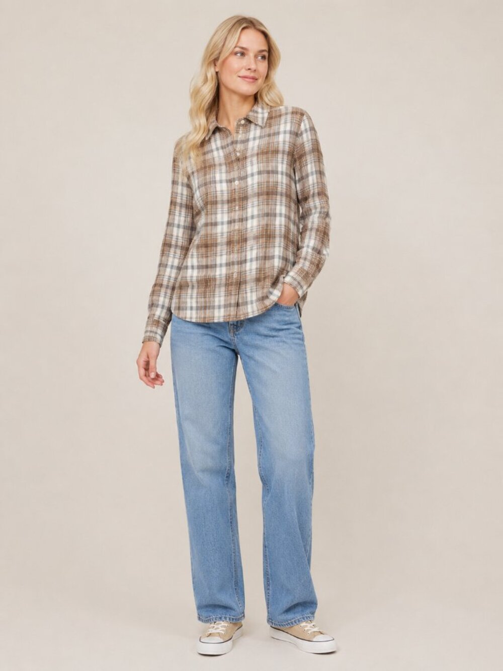 2/$30 Lands' End Plaid Flannel Button-Down Shirt Brown White XS #A4261